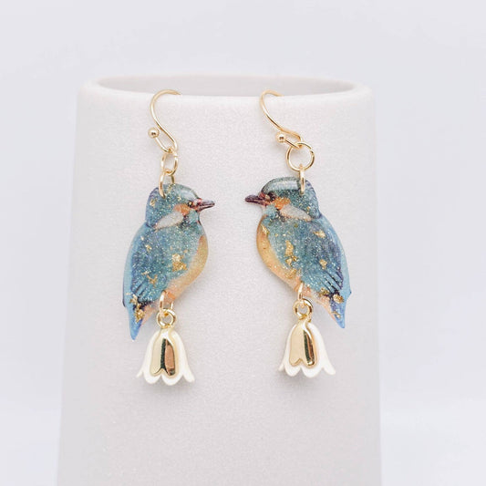 Blue Resin Birds with White and Gold Flower Earrings