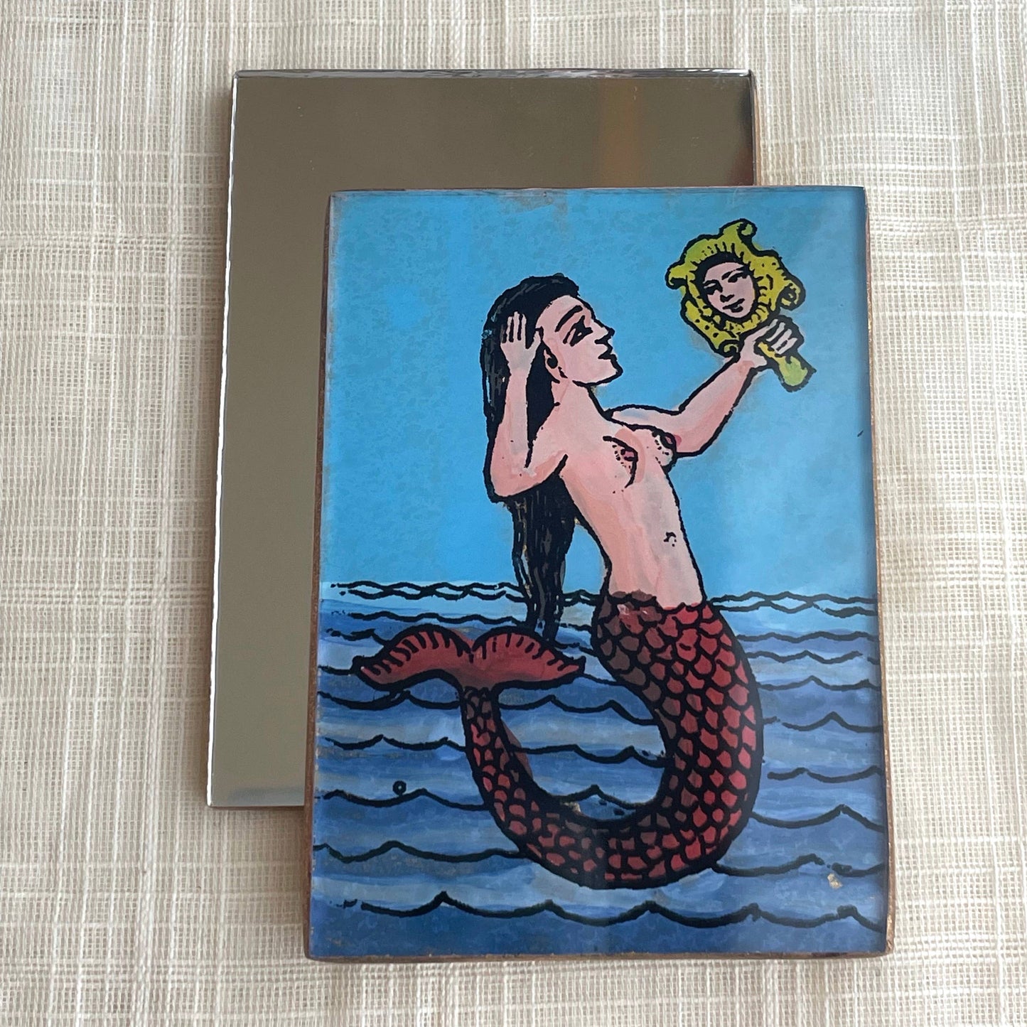Hand Painted Glass Mermaid Purse Mirror