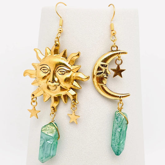 Asymmetric Sun and Moon Green Crystal Earrings
