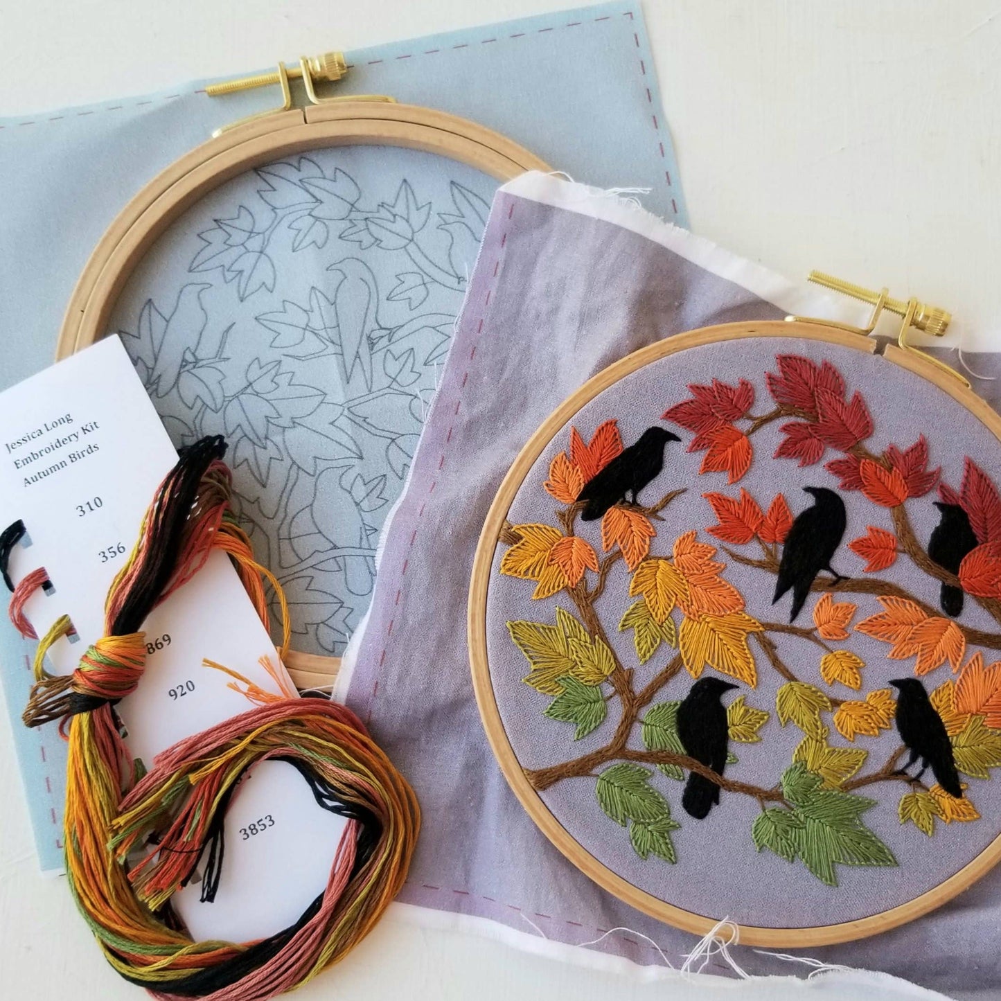Autumn birds embroidery kit with hoop, patterned fabric, and floss, at Ordinary Magic in Savannah, GA.