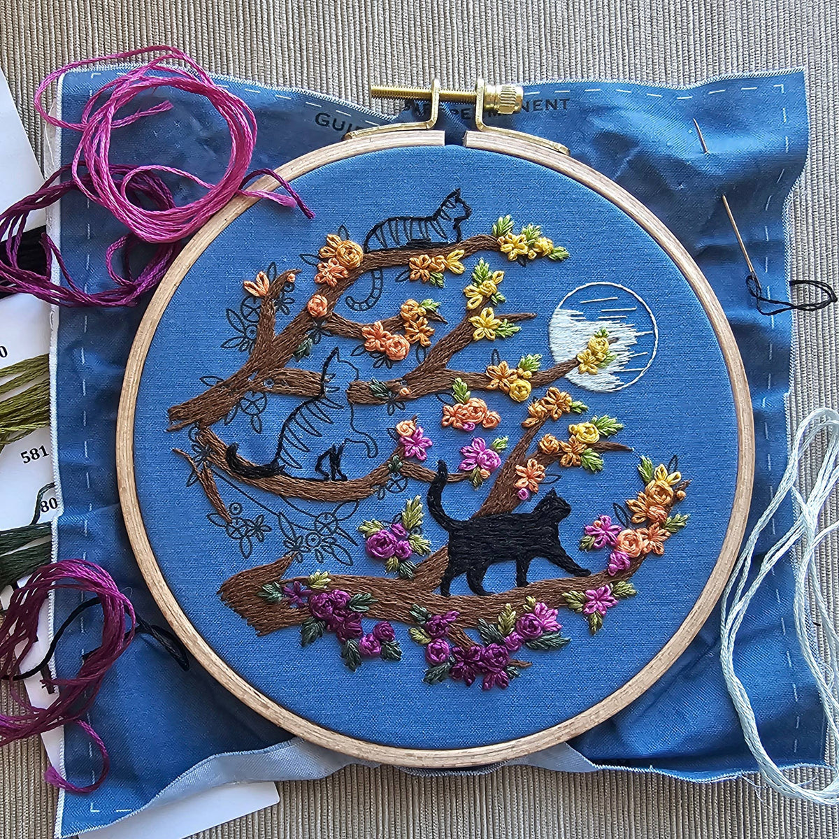 Black Cats and Full Moon embroidery kit, detail view, at Ordinary Magic in Savannah, GA.