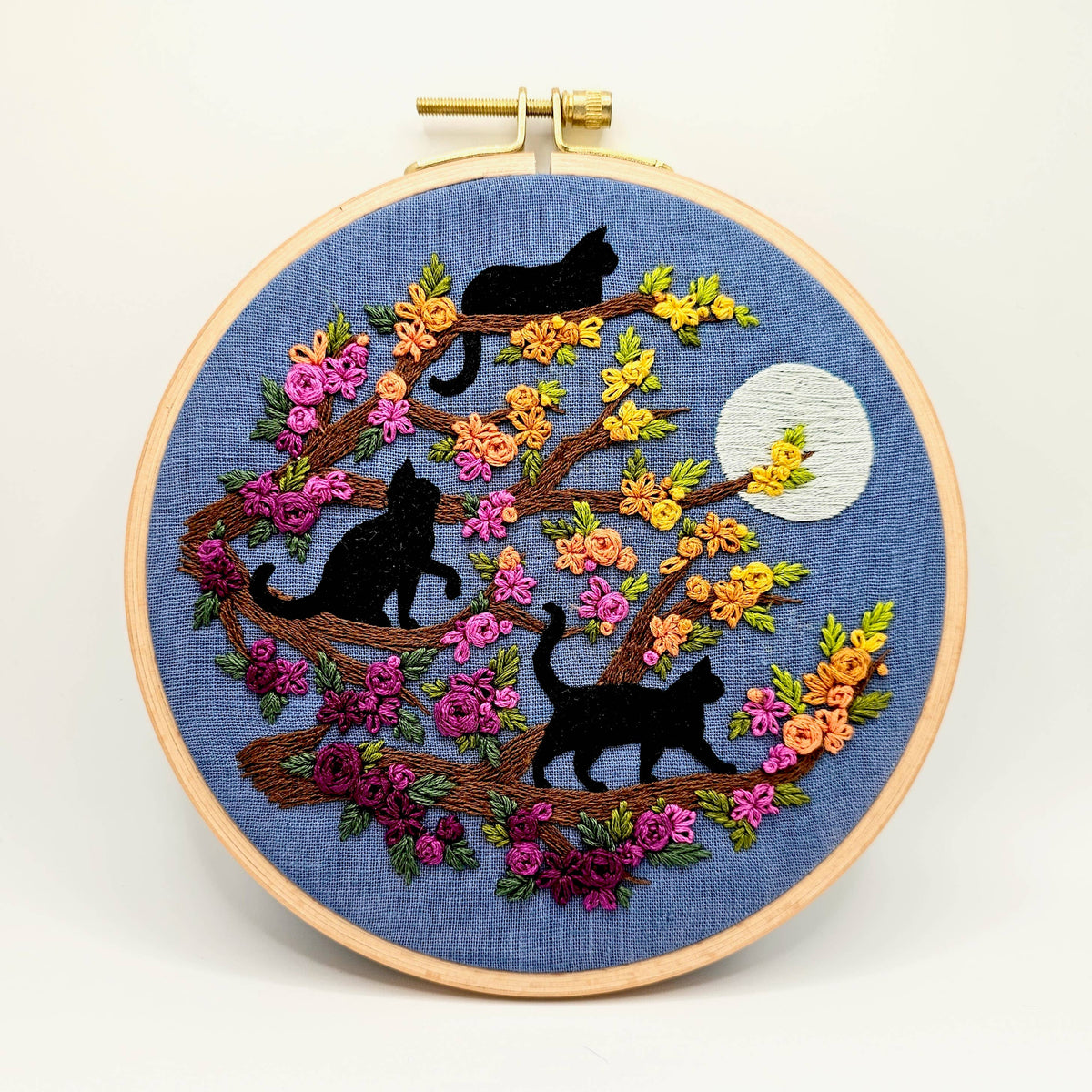 Black Cats and Full Moon embroidery kit, detail view, at Ordinary Magic in Savannah, GA.