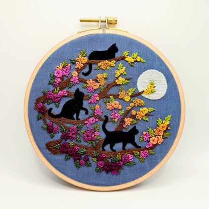 Black Cats and Full Moon embroidery kit, detail view, at Ordinary Magic in Savannah, GA.
