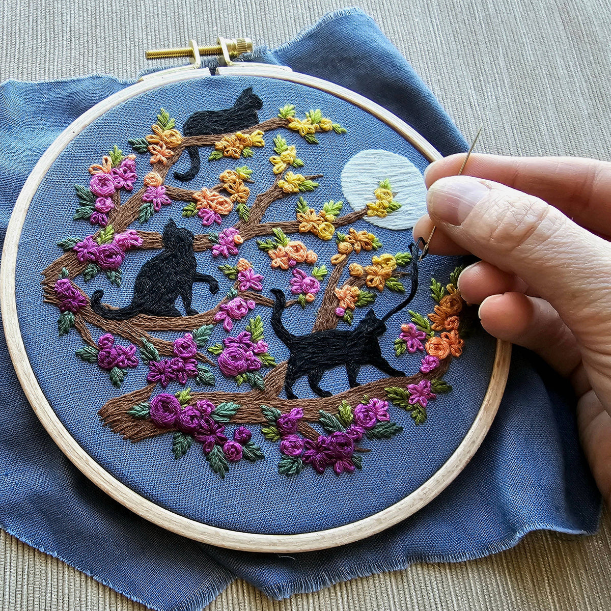 Black Cats and Full Moon embroidery kit, detail view, at Ordinary Magic in Savannah, GA.