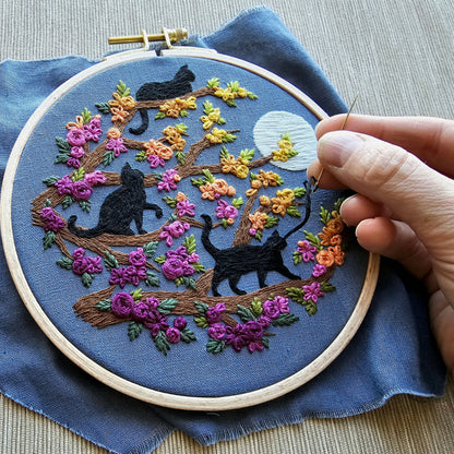 Black Cats and Full Moon embroidery kit, detail view, at Ordinary Magic in Savannah, GA.