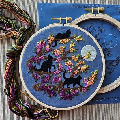 Black Cats and Full Moon embroidery kit with hoop, stamped fabric, and floss, at Ordinary Magic in Savannah, GA.