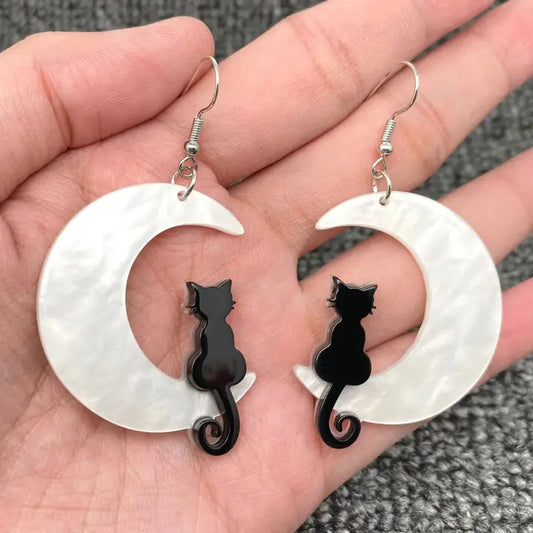 Black Cat On The Moon Dangle Earrings