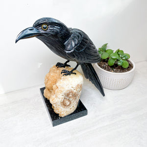 Black Onyx Carved Raven with Crystal Base