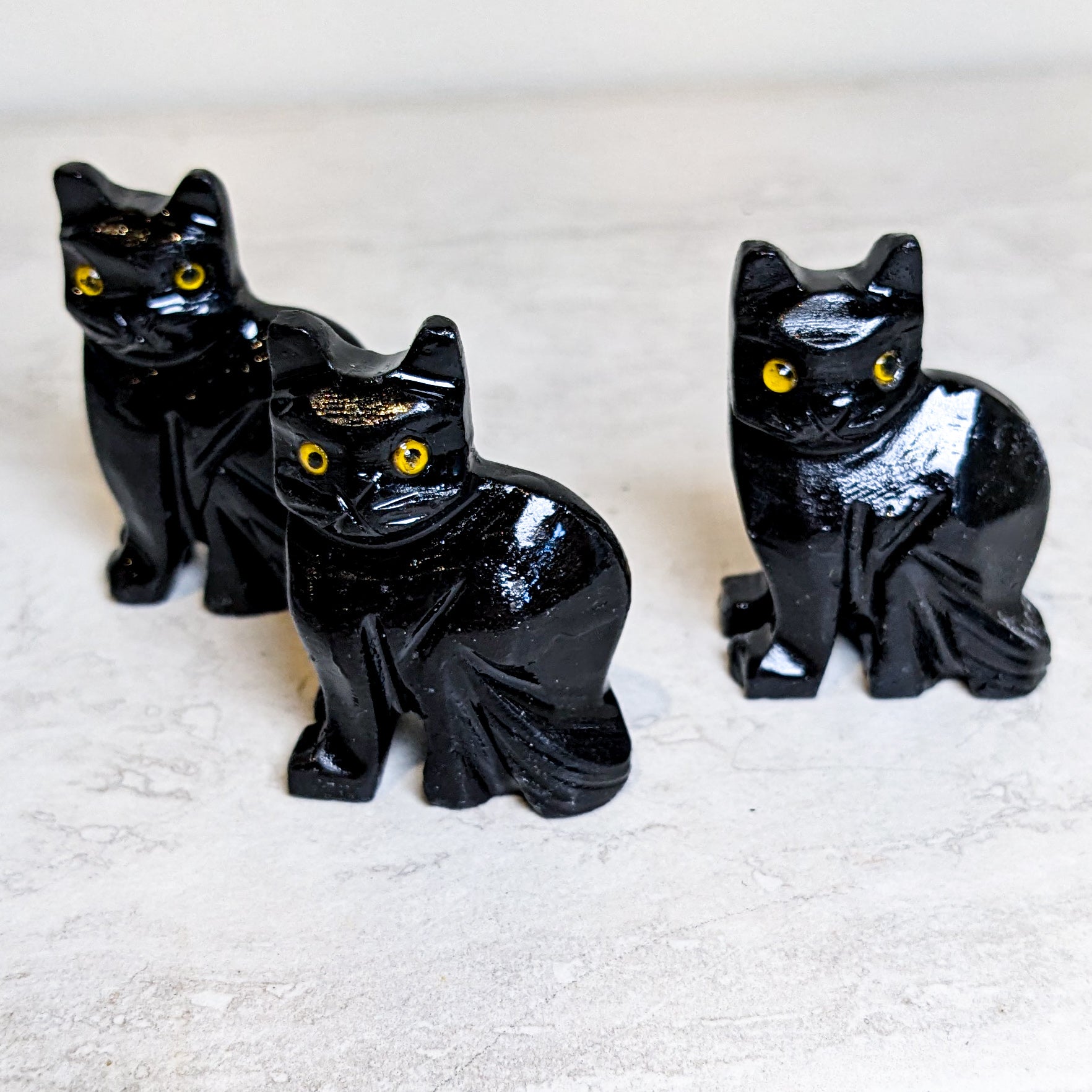 Carved black onyx cat figure, detail view, at Ordinary Magic in Savannah, GA.