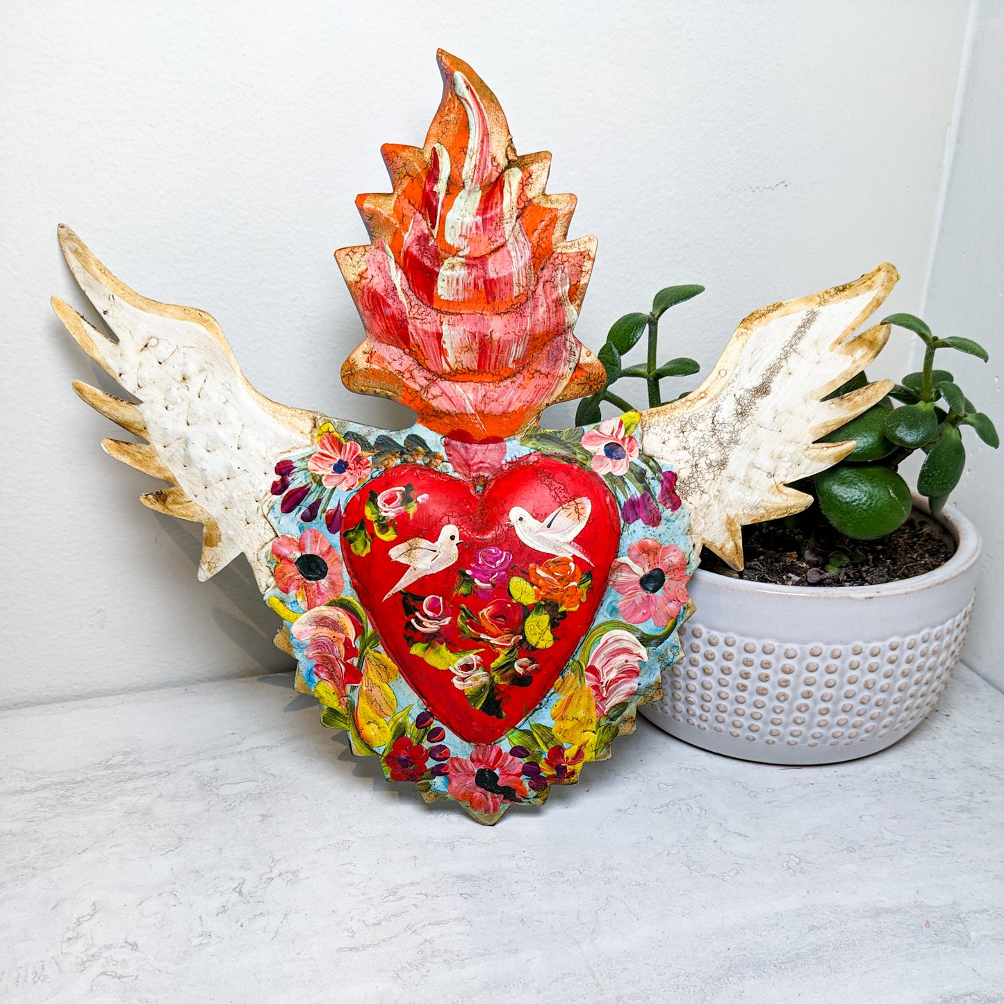 Hand Painted Tin Heart with Doves and Wings