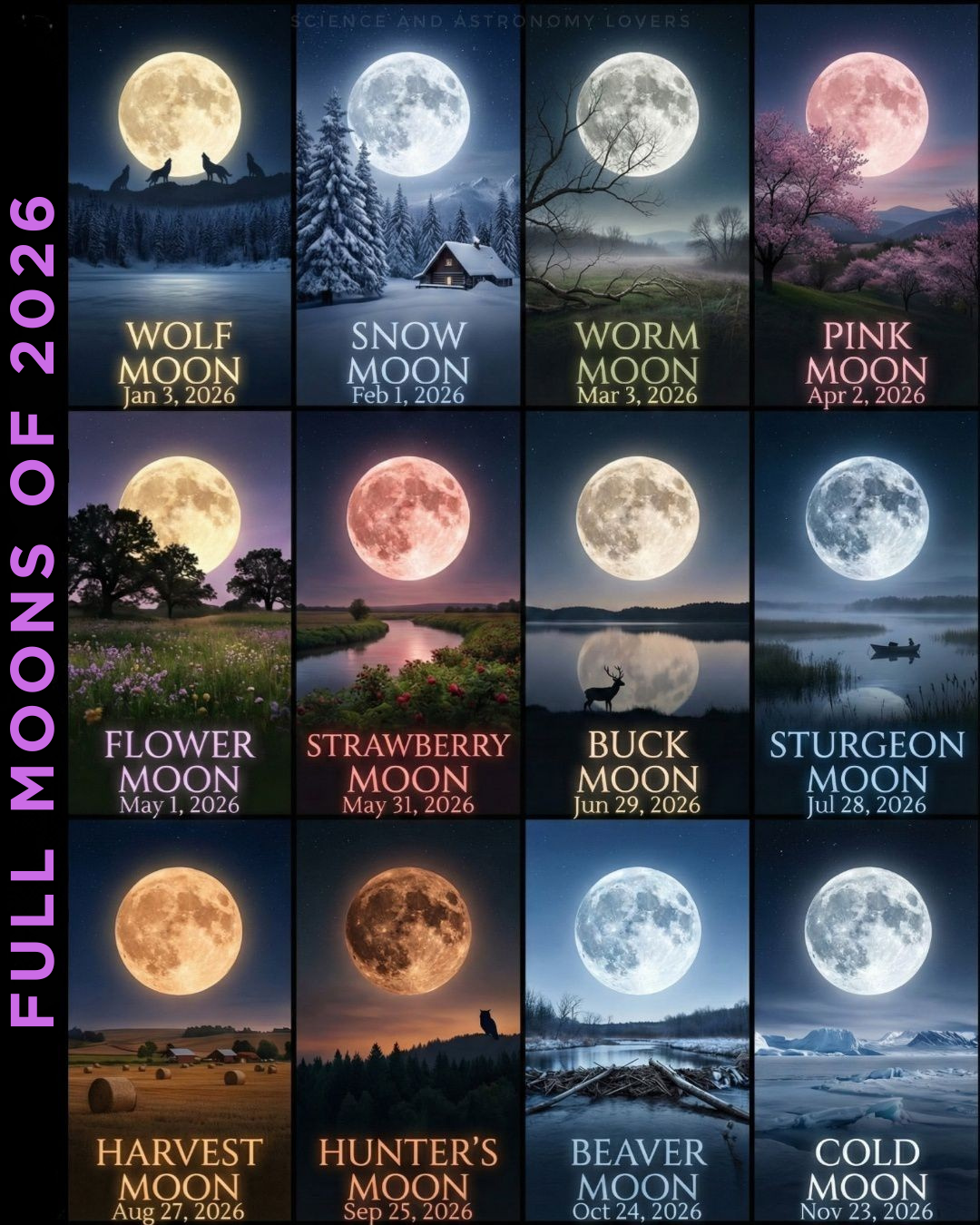 Calendar of full moons for 2026 with corresponding names and dates.