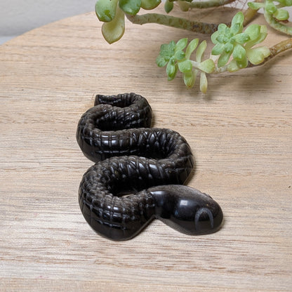 Sheen obsidian snake carving, alternate view of the coiled serpent, at Ordinary Magic in Savannah, GA.