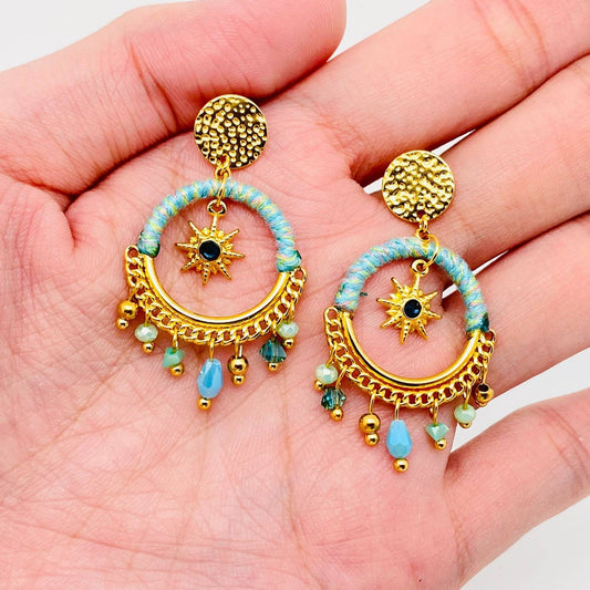 Gold Sun/Star Dangle Blue Crystal Dream Catcher Earrings