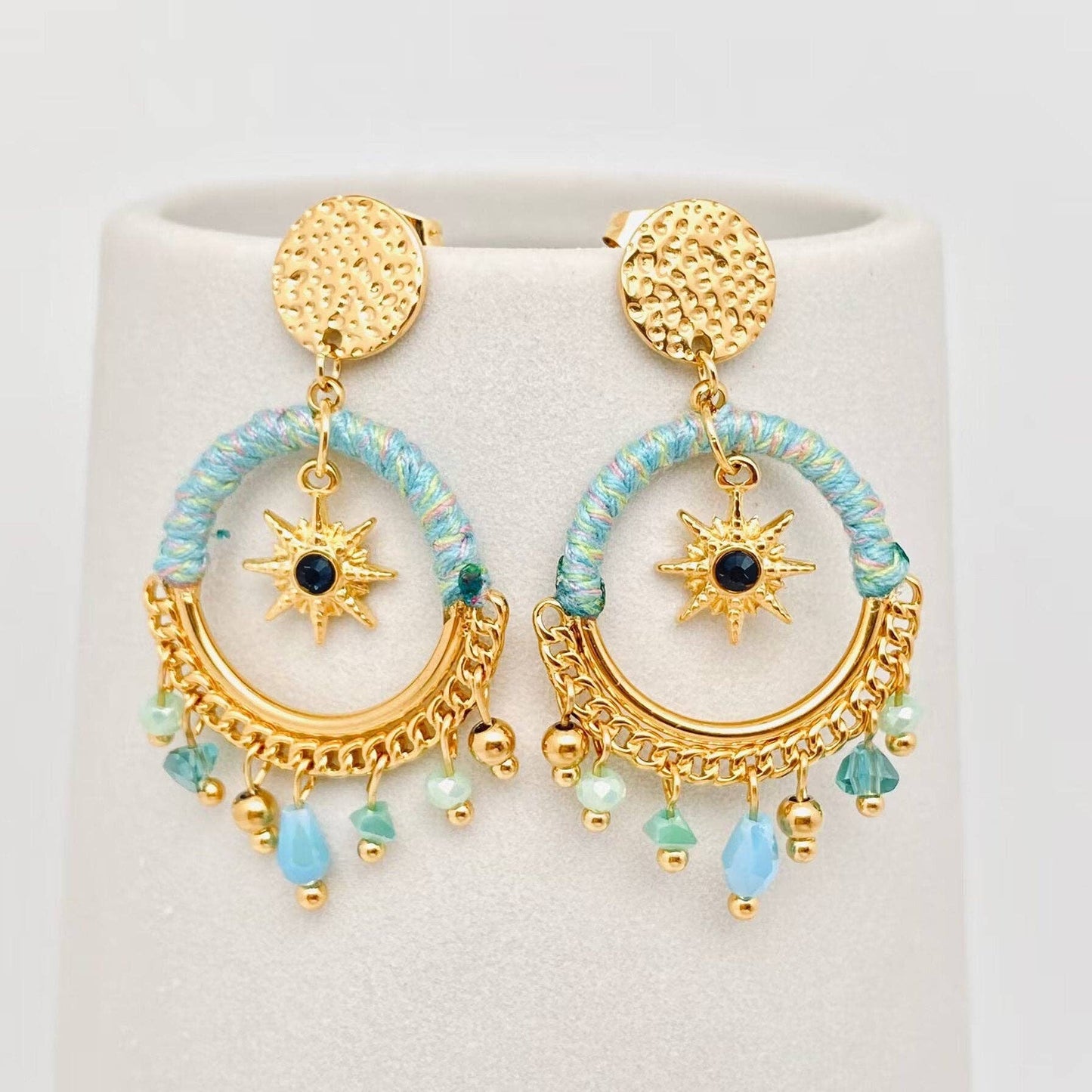 Gold Sun/Star Dangle Blue Crystal Dream Catcher Earrings