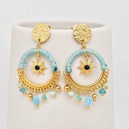 Gold Sun/Star Dangle Blue Crystal Dream Catcher Earrings