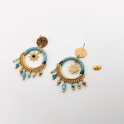 Gold Sun/Star Dangle Blue Crystal Dream Catcher Earrings