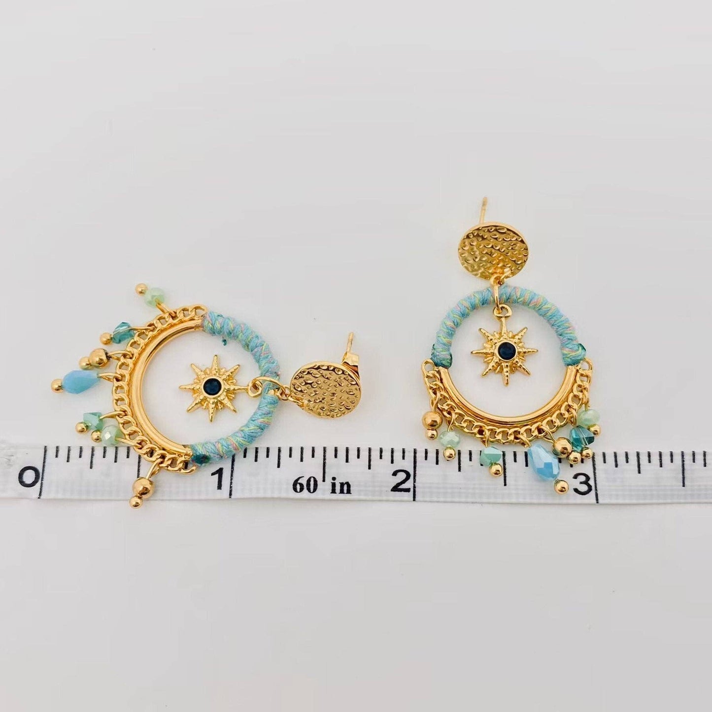 Gold Sun/Star Dangle Blue Crystal Dream Catcher Earrings