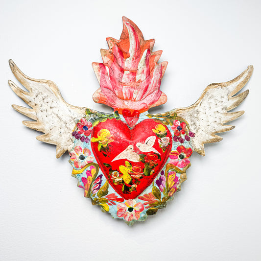 Hand Painted Tin Heart with Doves and Wings