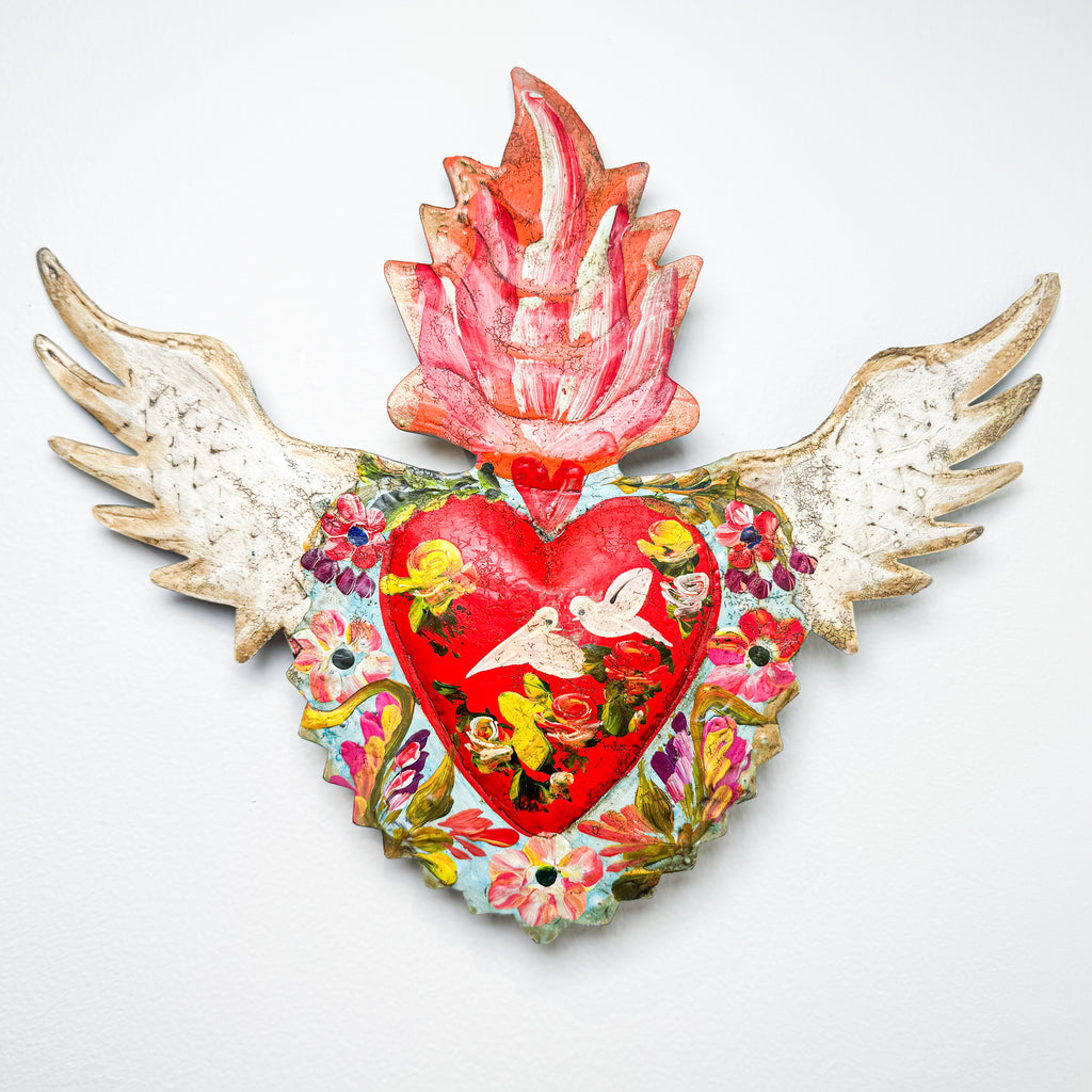 Hand Painted Tin Heart with Doves and Wings