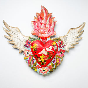 Hand Painted Tin Heart with Doves and Wings