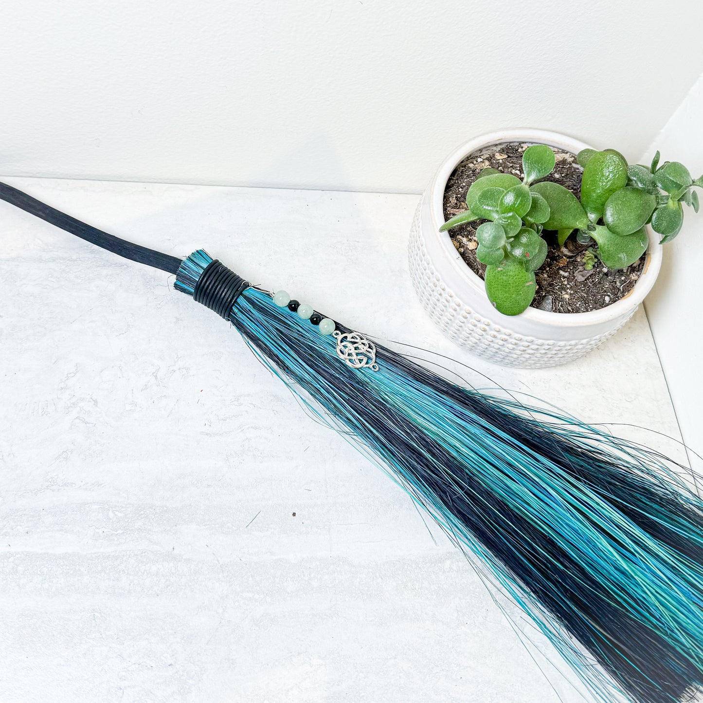 Witches Broom - Round Black & Green with Green Aventurine & Celtic Knot | 18" long