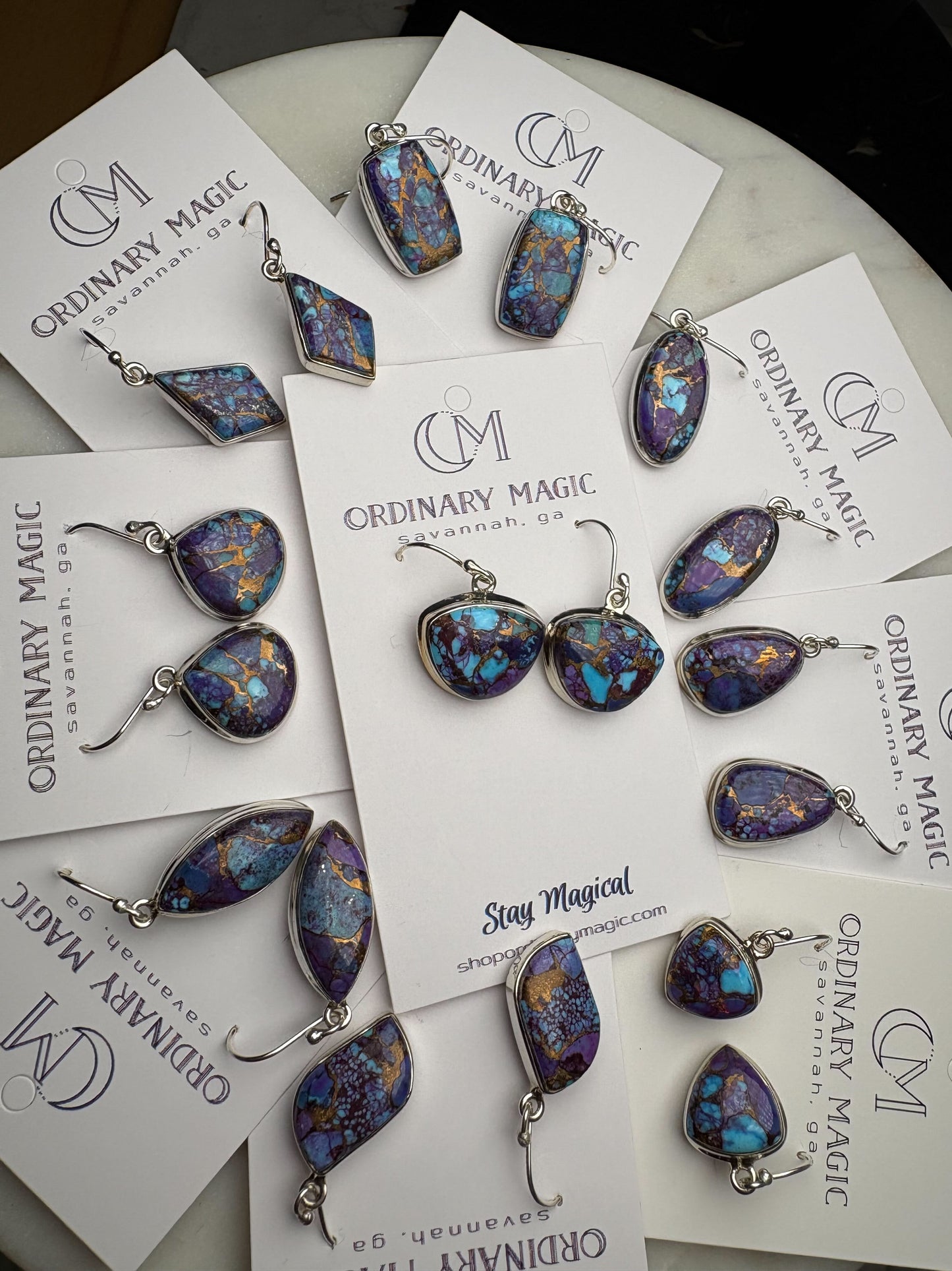 Mohave Purple, Copper, and Kingman Turquoise Spotted Sterling Silver Earrings