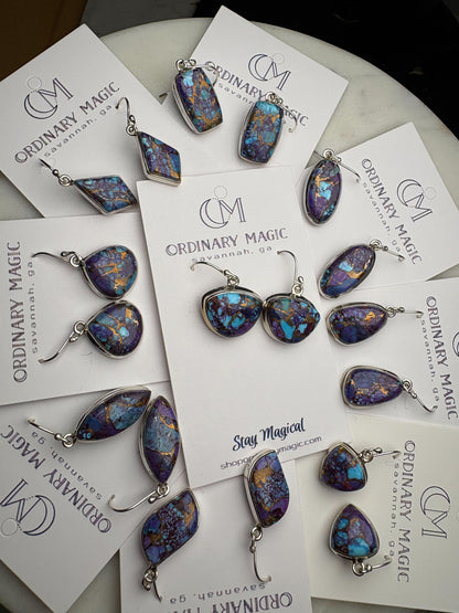 Mohave Purple, Copper, and Kingman Turquoise Spotted Sterling Silver Earrings