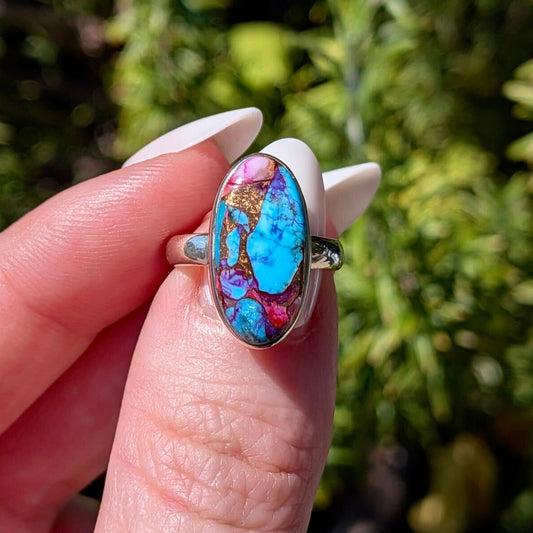 Kingman pink dahlia turquoise sterling silver ring, size 5, oval stone — Ordinary Magic, Savannah GA
