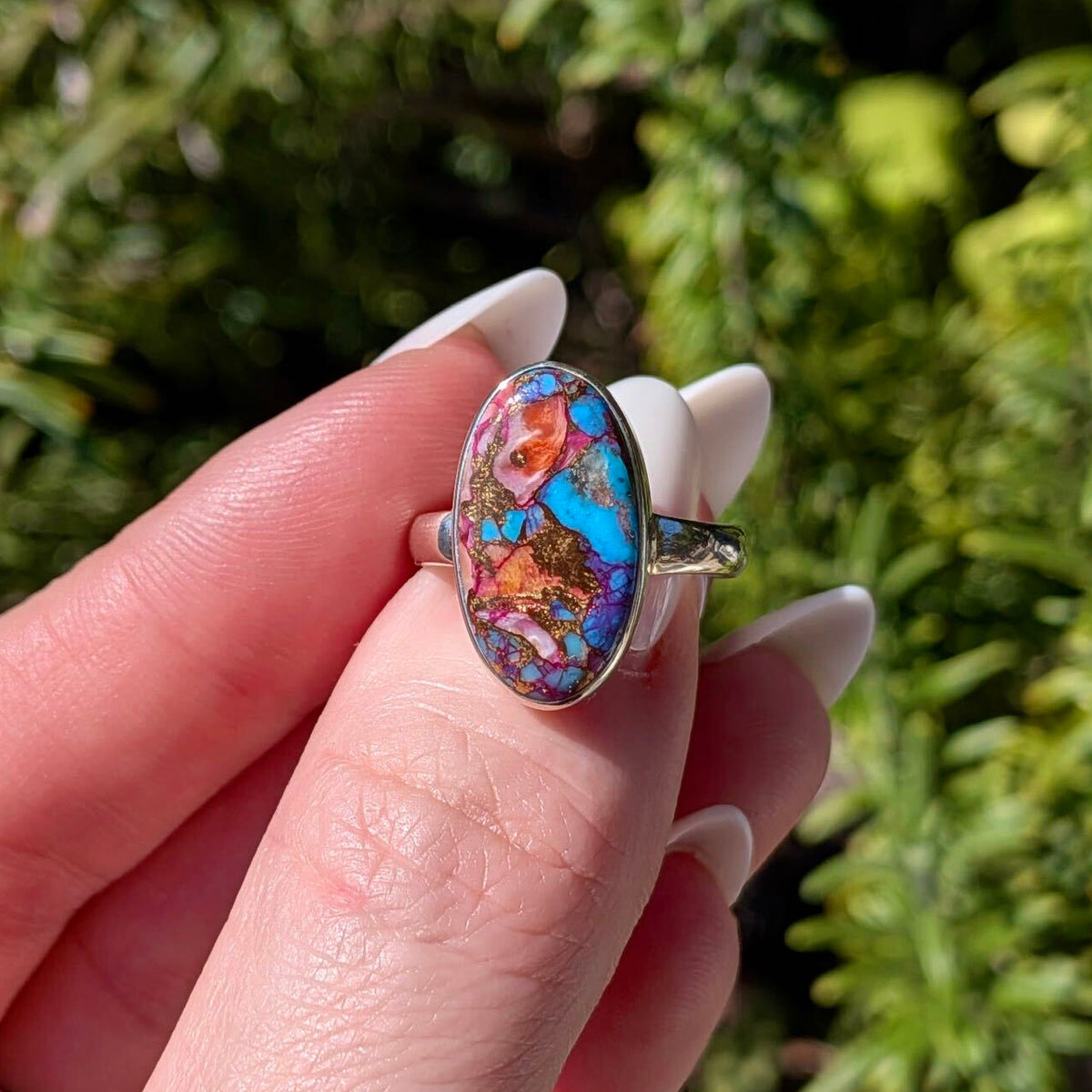 Pink dahlia turquoise sterling silver ring, close-up of natural matrix — Ordinary Magic, Savannah GA