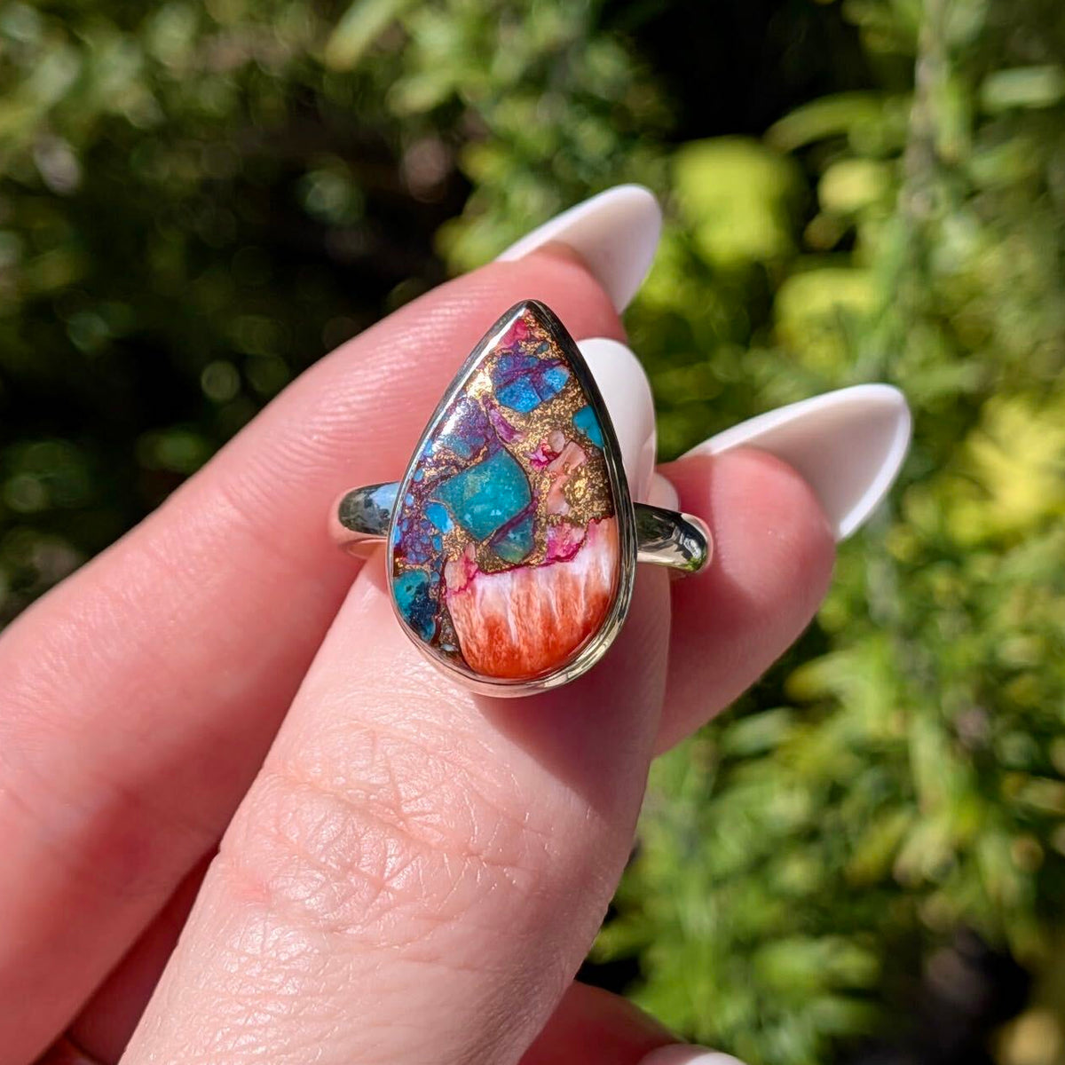 Pink dahlia turquoise sterling silver ring, patterned pink stone — Ordinary Magic, Savannah GA
