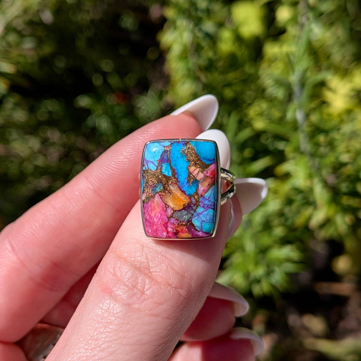 Pink dahlia turquoise sterling silver ring, side view of pink stone — Ordinary Magic, Savannah GA