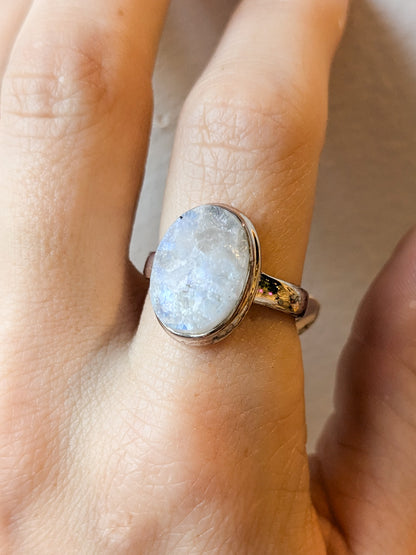 Rainbow Moonstone Druzy Sterling Silver Rings