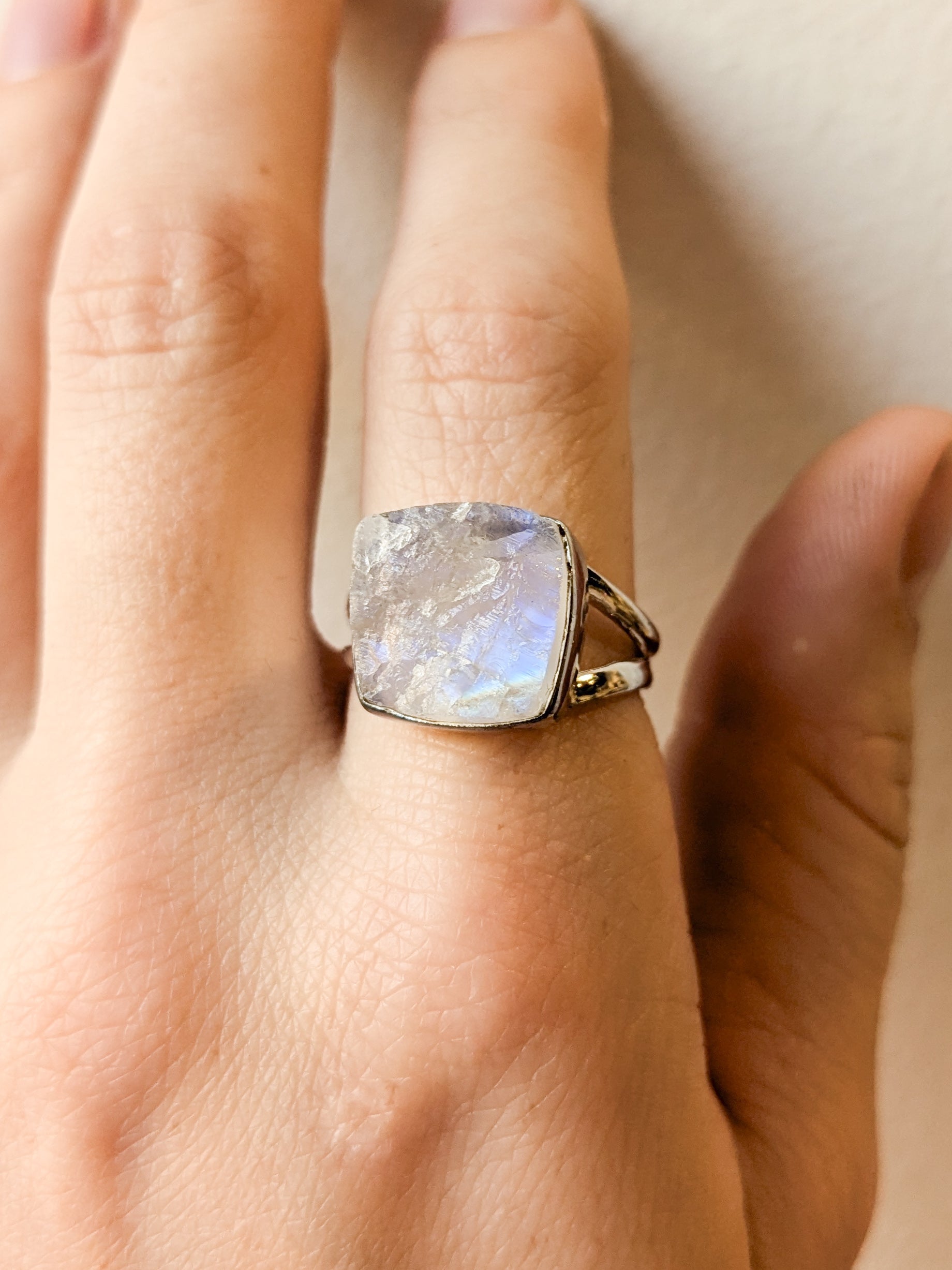 Rainbow Moonstone Druzy Sterling Silver Rings