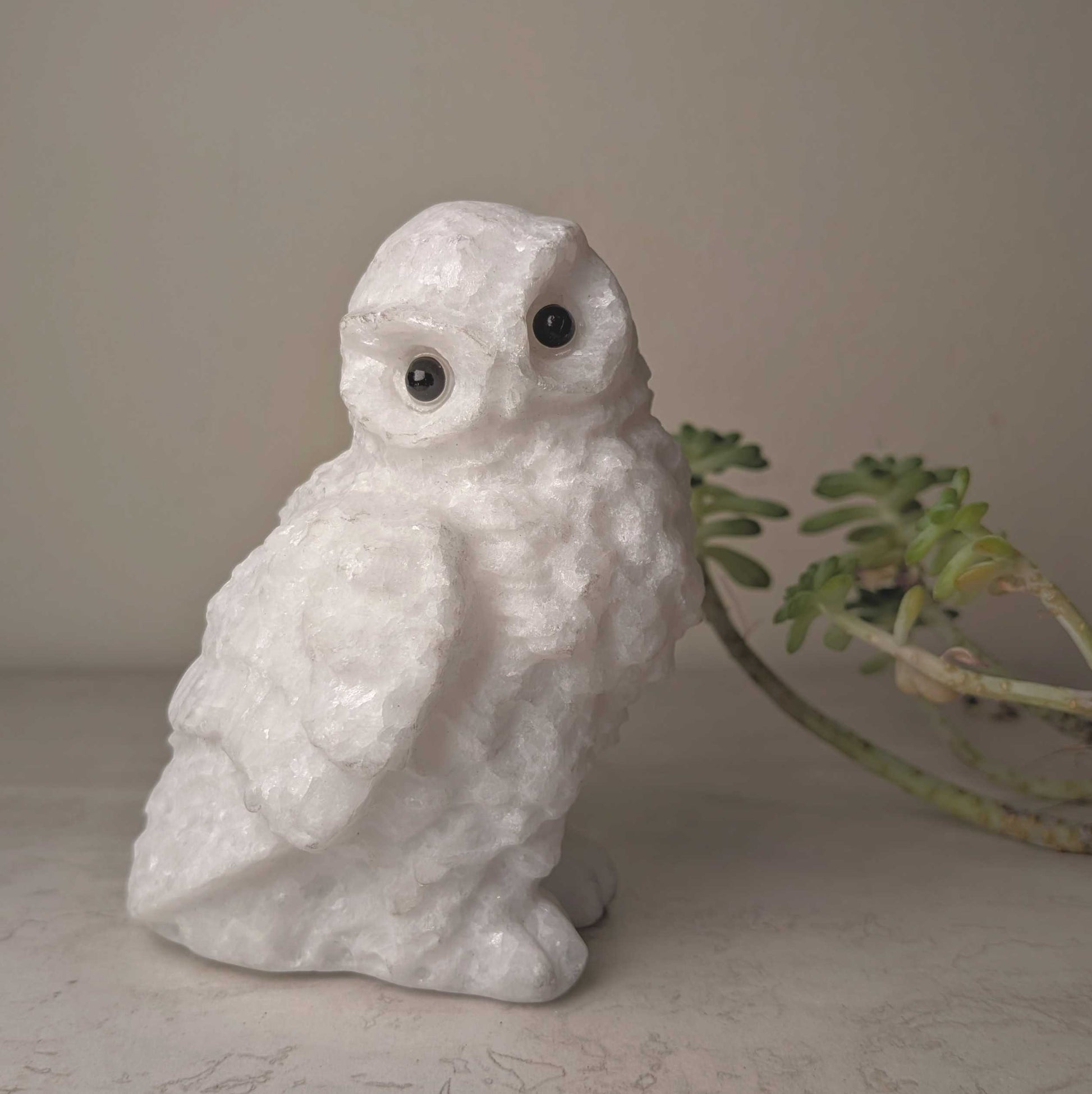 Hand-carved white marble owl with soft grey veining, at Ordinary Magic in Savannah, GA.