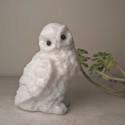 Hand-carved white marble owl with soft grey veining, at Ordinary Magic in Savannah, GA.