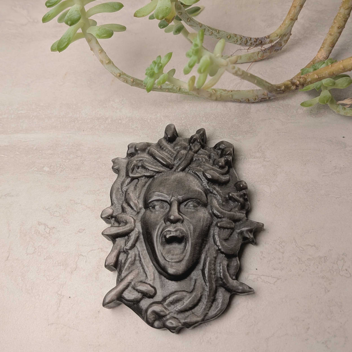 Carved silver sheen obsidian Medusa head with a silvery shimmer, at Ordinary Magic in Savannah, GA.
