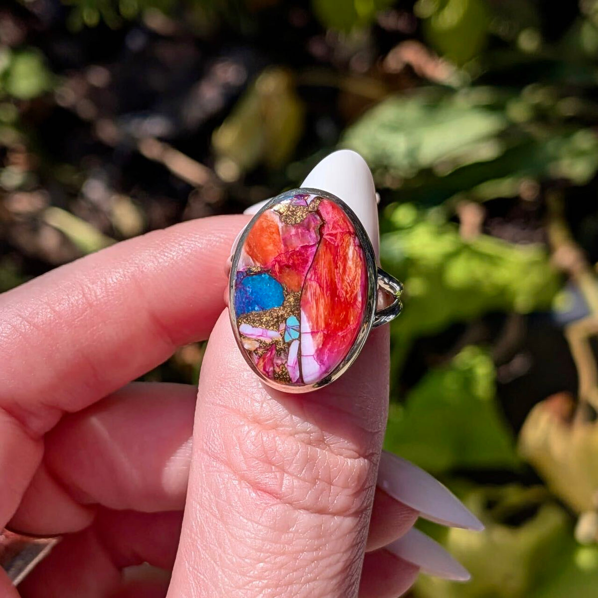 Pink dahlia turquoise sterling silver ring, top view of pink stone — Ordinary Magic, Savannah GA