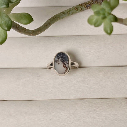 Scenic dendritic agate sterling silver ring with dark branching inclusions