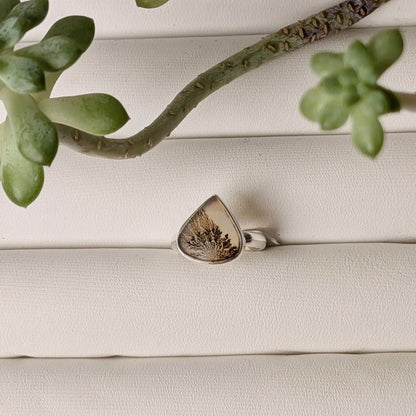 Scenic dendritic agate sterling silver ring with dark branching inclusions