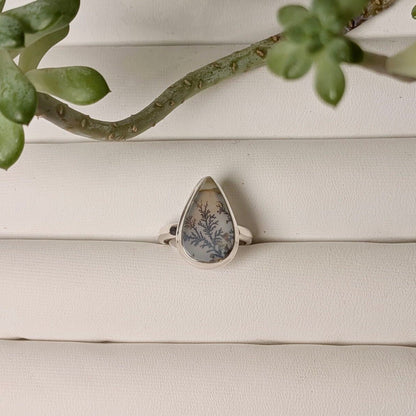 Scenic dendritic agate sterling silver ring with dark branching inclusions