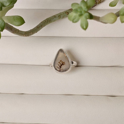 Scenic dendritic agate sterling silver ring with dark branching inclusions