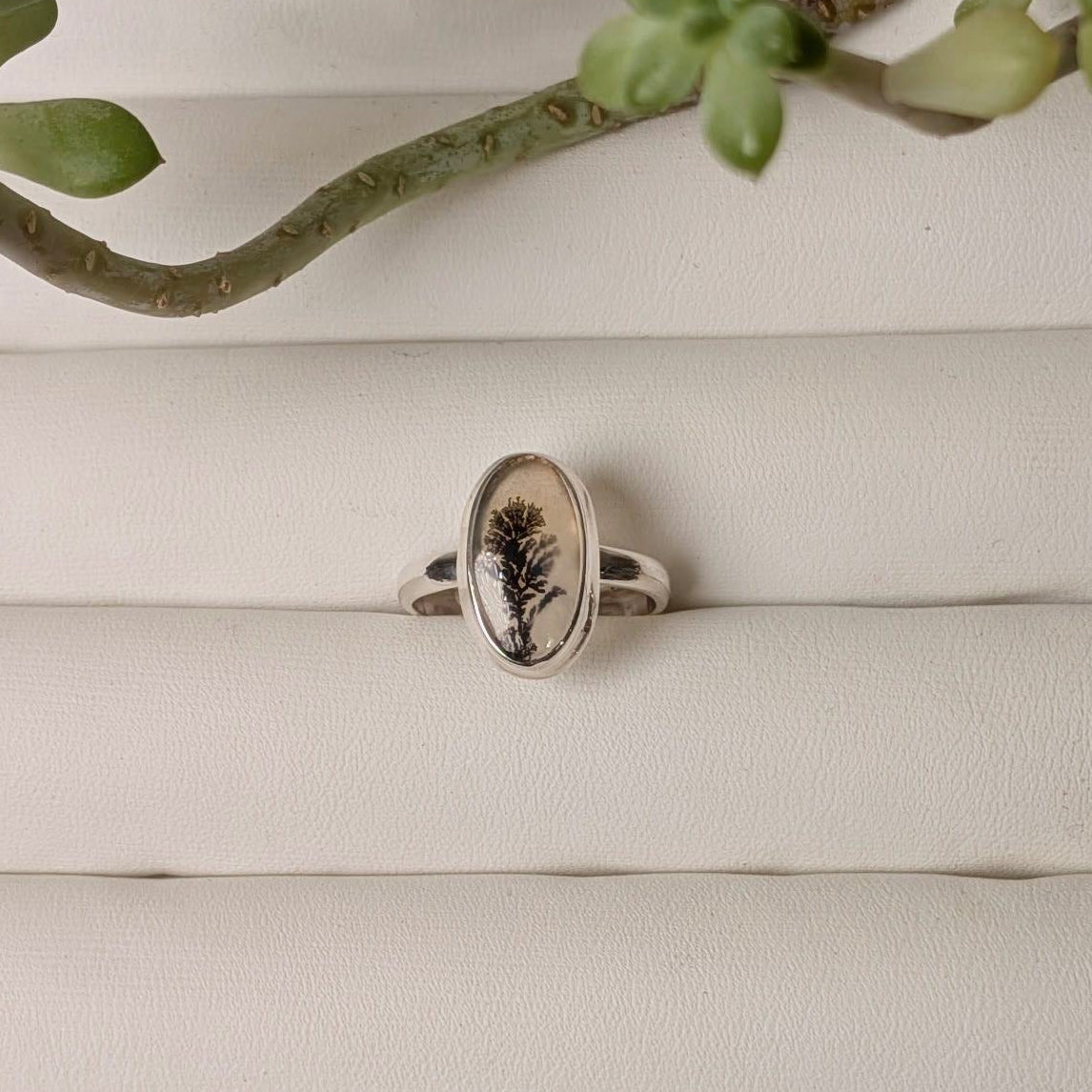 Scenic dendritic agate sterling silver ring with dark branching inclusions