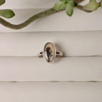 Scenic dendritic agate sterling silver ring with dark branching inclusions