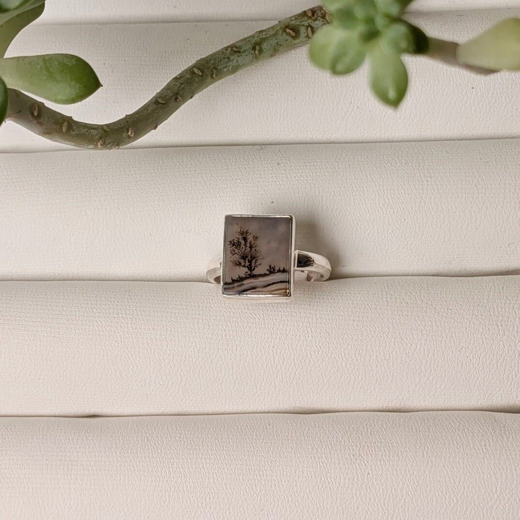 Scenic dendritic agate sterling silver ring with dark branching inclusions