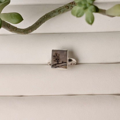 Scenic dendritic agate sterling silver ring with dark branching inclusions