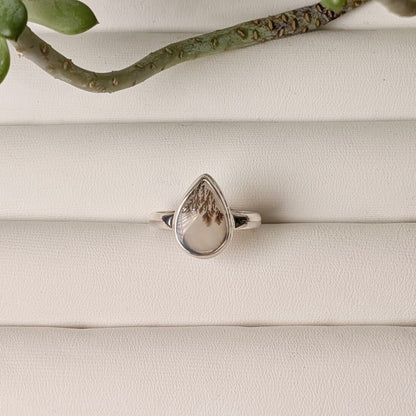 Scenic dendritic agate sterling silver ring with dark branching inclusions