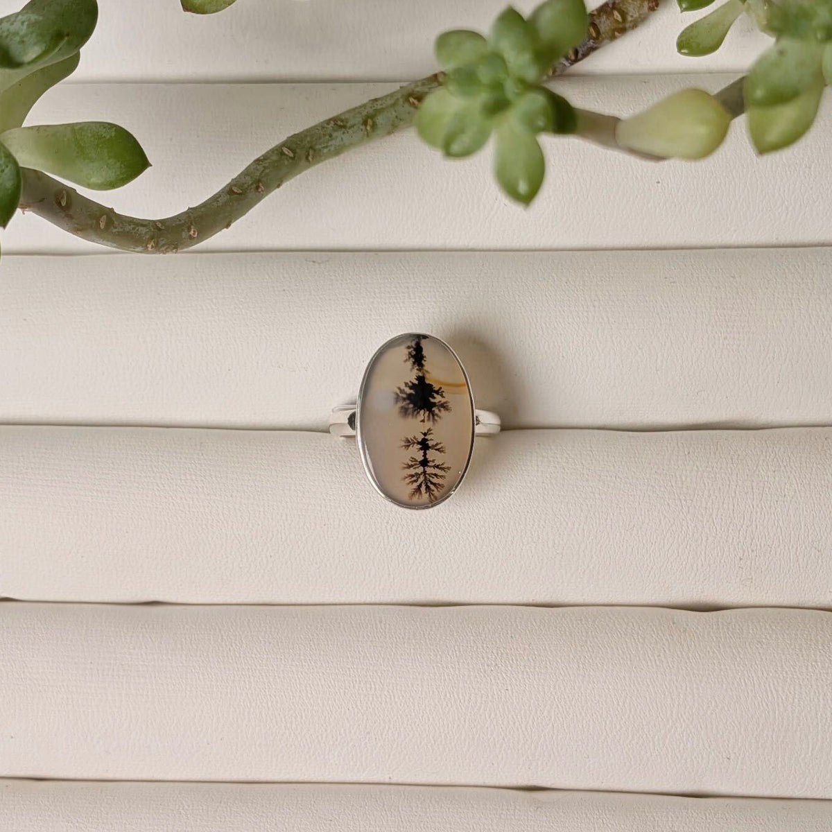 Scenic dendritic agate sterling silver ring with dark branching inclusions