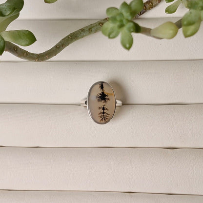 Scenic dendritic agate sterling silver ring with dark branching inclusions