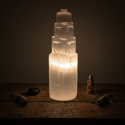 Crystal tower lamp on a plain surface with a neutral background