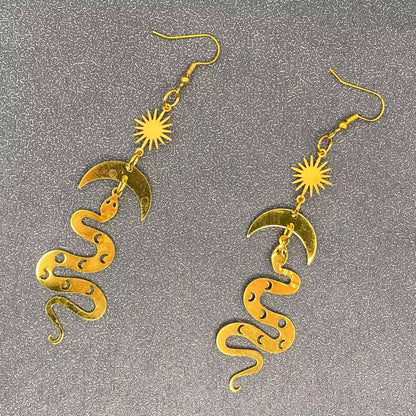 Snake Sun & Moon Gold Dangle Earrings